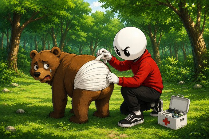 A cartoon illustration shows a panda-headed figure in a red hoodie bandaging the back of a crying brown bear in a forest setting, with an open first aid kit nearby.