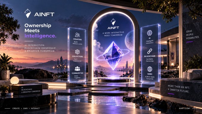 An advertisement for AINFT displays the tagline 'Ownership Meets Intelligence' alongside features like AI Interaction, Blockchain Ownership, Creators, and Collectors.