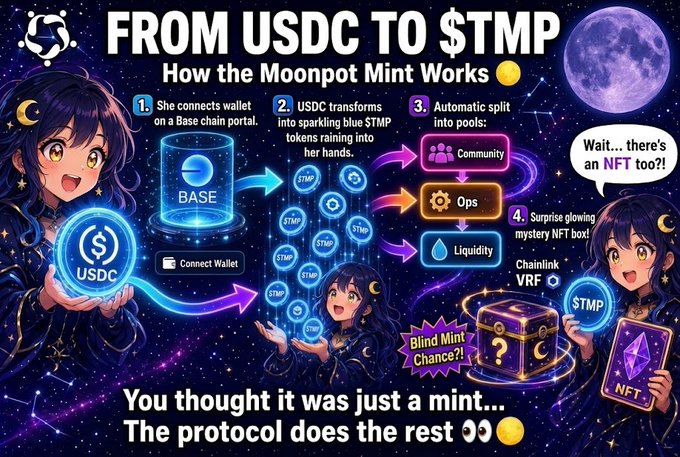 A vibrant infographic titled "FROM USDC TO $TMP: How the Moonpot Mint Works" illustrates the four-step minting process on the Base blockchain, showing USDC transforming into $TMP tokens that automatically split into Community, Ops, and Liquidity pools, with a surprise NFT delivered via Chainlink VRF. The anime-style artwork reinforces the post's message that the protocol handles the complex mechanics—creation, distribution, and randomized NFT rewards—behind what appears to be a simple mint action.