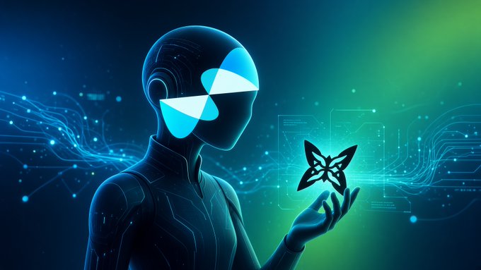 A futuristic AI-themed digital artwork featuring a robotic figure with glowing blue visor holding a glowing butterfly-like hologram against a green and blue circuit-patterned background.