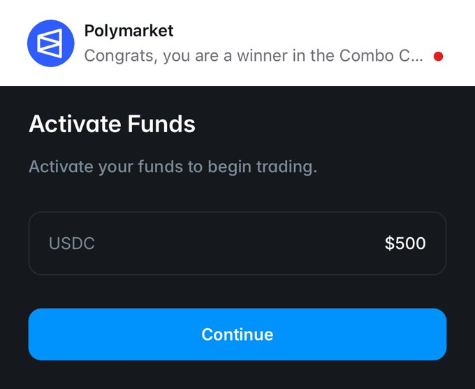 A Polymarket notification reads 'Congrats, you are a winner in the Combo C...' followed by an 'Activate Funds' screen showing $500 in USDC with a 'Continue' button.