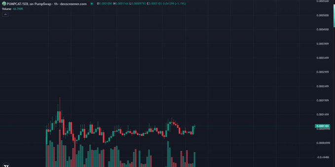 A candlestick chart for PUMPCAT/SOL on PumpSwap (DexScreener) showing a current price of approximately 0.0001075 with a 1-hour price change of +1.19% and volume of 44.70K.