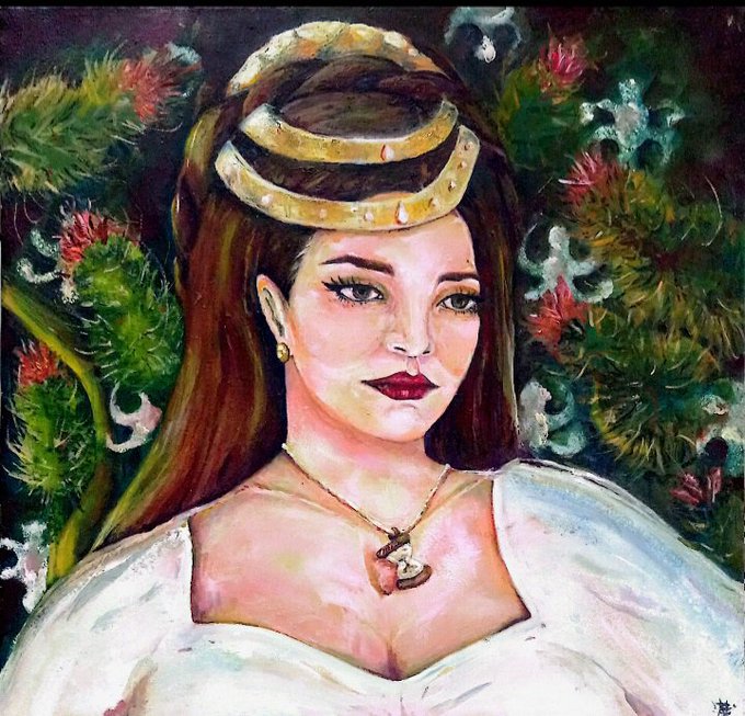 A painted portrait of a woman with brown hair, red lipstick, and a gold headband, wearing a white dress and a heart pendant necklace, set against a colorful floral background.