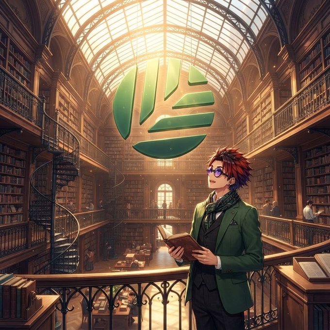 Anime-style illustration of a red-haired character with purple glasses reading a book in an ornate library, with a green digital logo floating overhead.