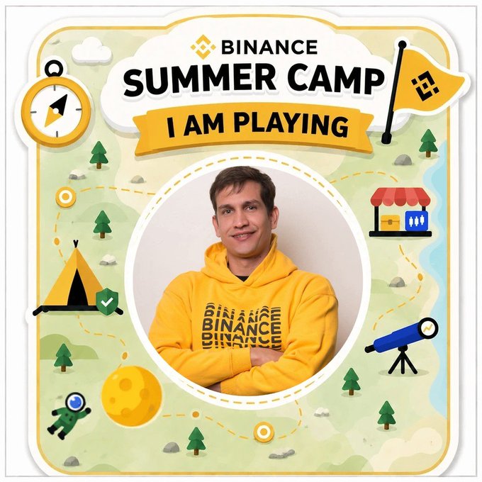 A Binance Summer Camp promotional graphic titled 'I AM PLAYING' featuring a smiling man in a yellow Binance hoodie surrounded by camping and exploration icons.