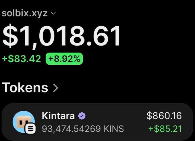 The image shows a portfolio view for solbix.xyz displaying a total balance of $1,018.61 (+$83.42, +8.92%), with the holding being 93,474.54269 KINS (Kintara) tokens valued at $860.16 (+$85.21). This appears to illustrate the trader's remaining position in $KINS tokens after already realizing $27,800 in profit from their original $148 investment as mentioned in the post.