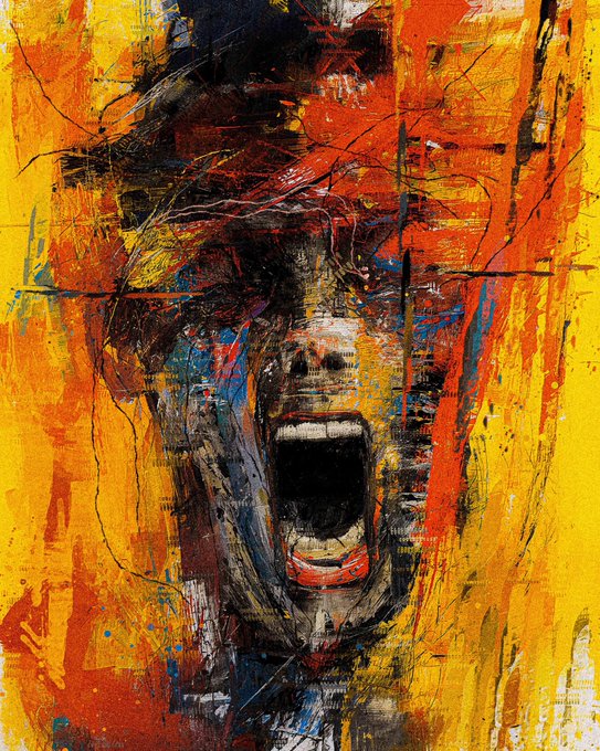 An abstract expressionist painting of a screaming face rendered in bold yellows, oranges, and blues with aggressive brushstrokes.