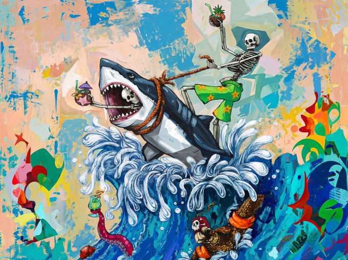 A vibrant, colorful painting featuring a skeleton in green shorts riding a shark that is jumping out of waves, holding a cocktail, with various other surreal elements like a flamingo and turtles.