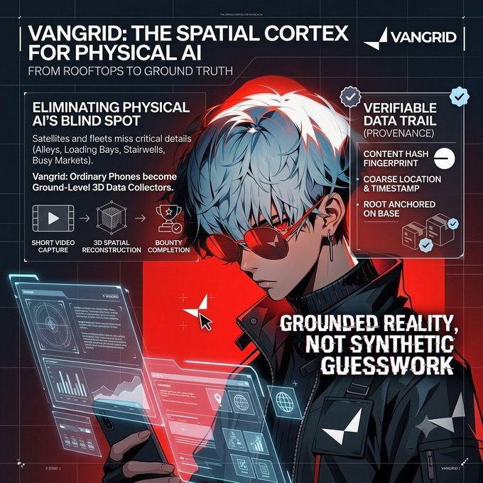 This is a promotional graphic for VanGrid titled "The Spatial Cortex for Physical AI," featuring an anime-style character with white hair and red sunglasses holding holographic data interfaces. It highlights how VanGrid transforms phones into ground-level 3D data collectors with verifiable provenance (content hash, location, and timestamp) through a pipeline of short video capture, 3D spatial reconstruction, and bounty completion, addressing the post's point about physical AI's blind spot in capturing ground-truth details like alleys, loading bays, and stairwells that satellites and mapping fleets miss.