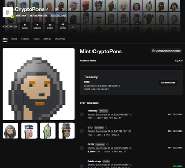 A screenshot of the CryptoPons NFT marketplace website showing the 'Mint CryptoPons' page with available items, schedule, fees, and a pixelated hooded character image.