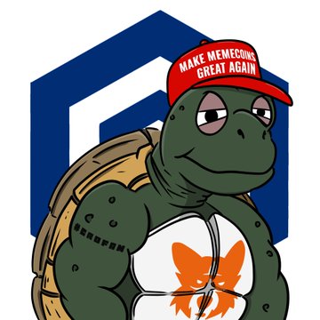 A meme features an anthropomorphic turtle wearing a red 'MAKE MEMECOINS GREAT AGAIN' hat and a white tank top with an orange fox logo.