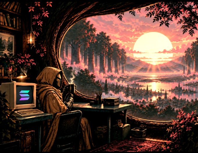 Digital artwork of a hooded figure working at a retro computer by a large window overlooking a fantasy landscape with a setting sun and pink forests.