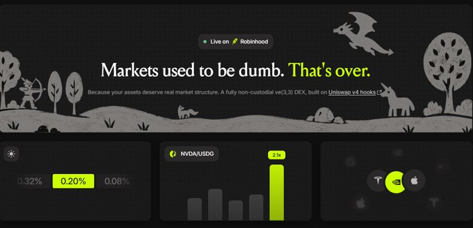 Screenshot of the Robinhood website with the text 'Markets used to be dumb. That's over.' displayed above market data, with a Halloween-themed illustration of a witch, dragon, and trees in the background.