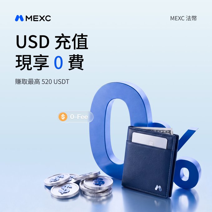 A promotional advertisement for MEXC featuring a blue '0%' graphic, a black wallet, and coins, with text announcing 'USD 充值現享 0 費' (USD deposit now 0 fee) and an offer to earn up to 520 USDT.