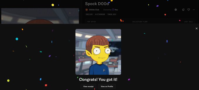 A digital screenshot showing an NFT called 'Spock DOOd' from the DOOd Club collection, with a popup message 'Congrats! You got it!' over a dark background with confetti.