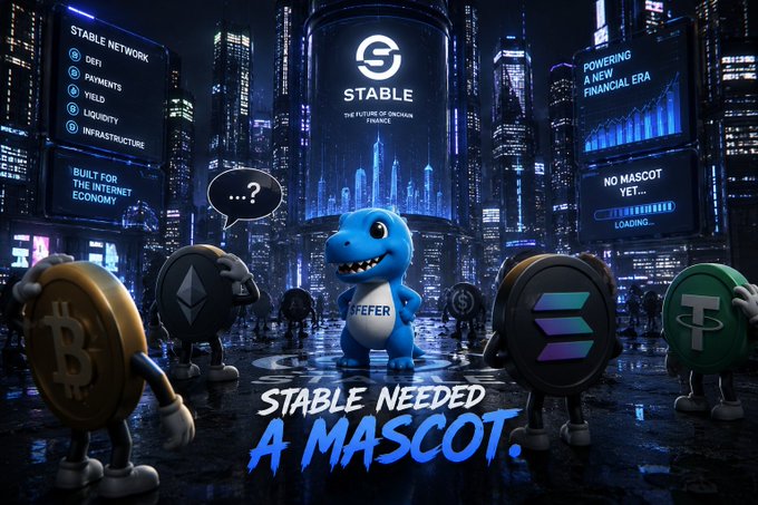 The image shows a blue shark mascot labeled "SEFER" standing in a futuristic cityscape with cryptocurrency coins (Bitcoin, Ethereum, Solana, Tether) as characters, alongside banners promoting "STABLE Network" with features like DeFi, Payments, and Liquidity, and a sign reading "NO MASCOT YET... LOADING."

The caption reads "STABLE NEEDED A MASCOT," tying directly into the post's message that successful crypto ecosystems require cultural identity and personality—not just technical infrastructure—to build lasting community engagement.