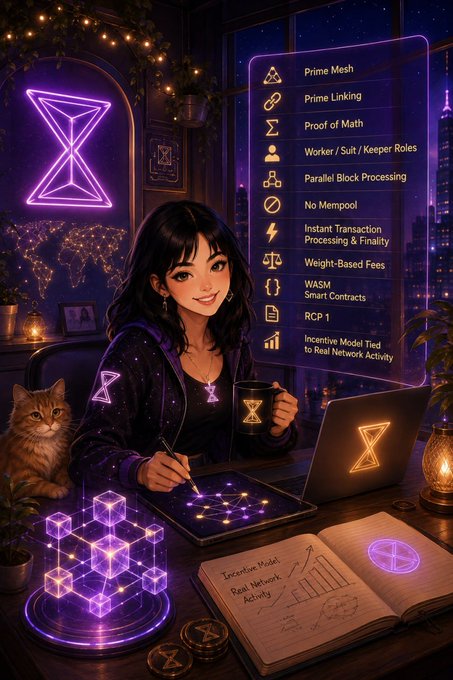 An anime-style illustration depicts a woman at a desk with crypto/blockchain-themed elements, featuring a holographic menu listing features like 'Prime Mesh,' 'Proof of Math,' 'Worker / Suit / Keeper Roles,' 'No Mempool,' and 'WASM Smart Contracts,' along with a notebook showing 'Incentive Model Real Network Activity.'