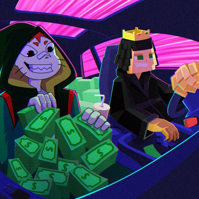 The image features a Minecraft-style illustration of two characters in a luxury car, with one wearing a crown and the other draped in a hoodie surrounded by stacks of green dollar bills marked with dollar signs. The vibrant, neon-lit scene of wealth and royalty visually represents the partnership announcement with StackersXYZ building on Robinhood, symbolizing the prosperous and exciting collaboration.