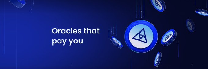 A digital banner with a dark blue background displays the text 'Oracles that pay you' alongside floating blue coin tokens with a geometric symbol.
