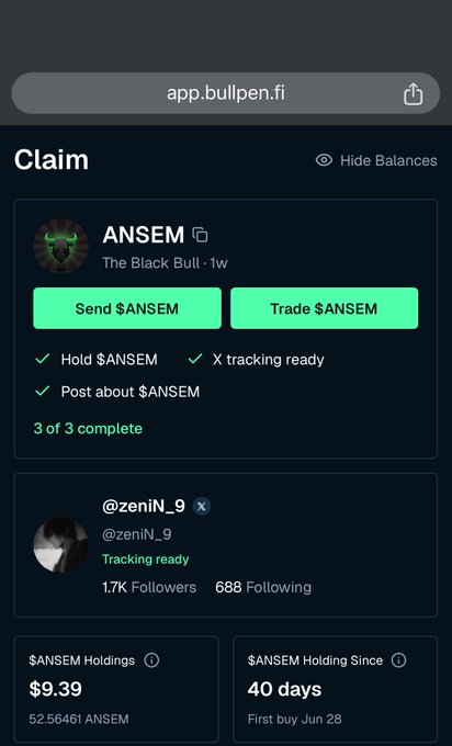 A screenshot from app.bullpen.fi showing a completed 'Claim' task for the $ANSEM token ('The Black Bull'), with $9.39 in holdings and a profile showing 17K X (Twitter) followers.