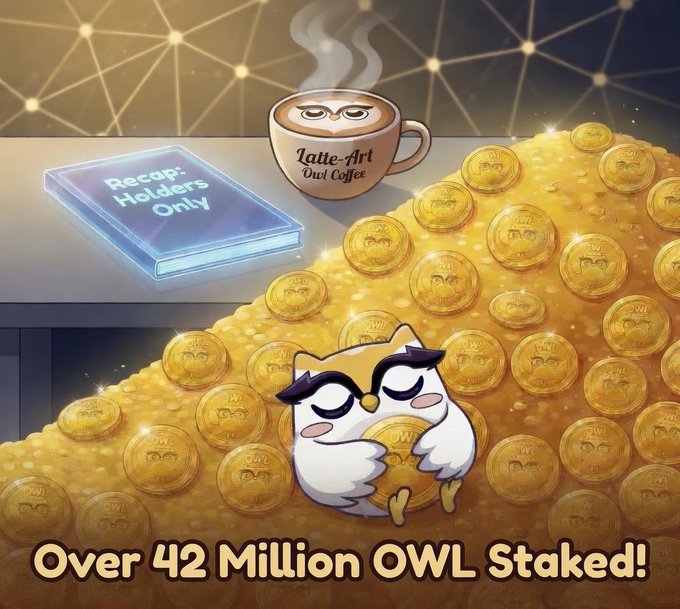 An illustrated owl mascot clutches a gold "OWL" coin while sitting atop a massive pile of golden owl coins, with a steaming cup labeled "Latte-Art Owl Coffee" and a glowing blue "Recap: Holders Only" book in the background—visually celebrating the "Over 42 Million OWL Staked!" milestone highlighted in the caption.