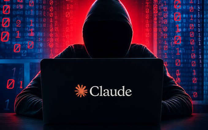 A stylized illustration of a hooded, faceless hacker figure working on a laptop displaying the 'Claude' logo, set against a red and blue background filled with cascading binary code.