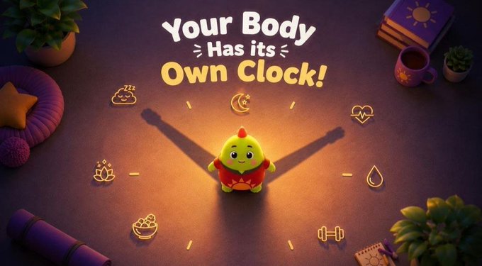 A 3D illustration of a small green character standing in a clock formation with the text 'Your Body Has Its Own Clock!' surrounded by various icons.