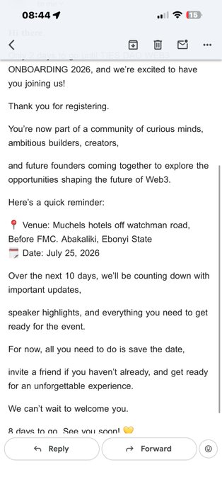 A screenshot of an email inviting recipients to ONBOARDING 2026 at Muchelis hotels off Watchman Road, Before FMC, Abakaliki, Ebony State, scheduled for July 25, 2026.