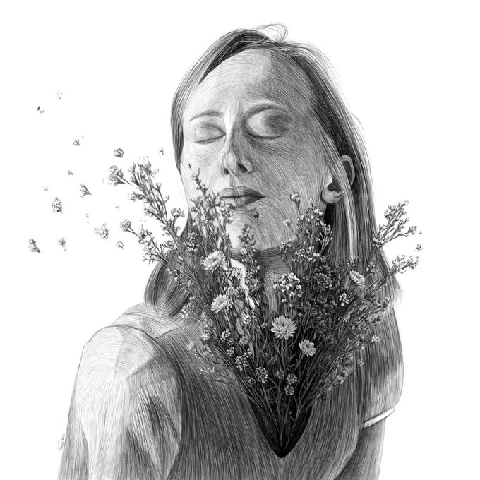 A serene pencil drawing of a woman with closed eyes surrounded by an ethereal bouquet of wildflowers blooming from her chest, embodying the "Heart's Garden" theme of the sold Tezos NFT artwork listed in the post.
