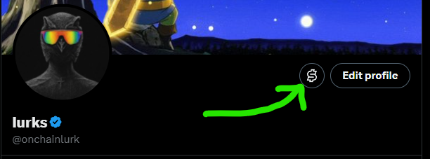 A Twitter/X profile for 'lurks' (@onchainlurk) features a profile picture of a dark bird-like figure with rainbow sunglasses, with a hand-drawn green arrow pointing to the 'Edit profile' button.