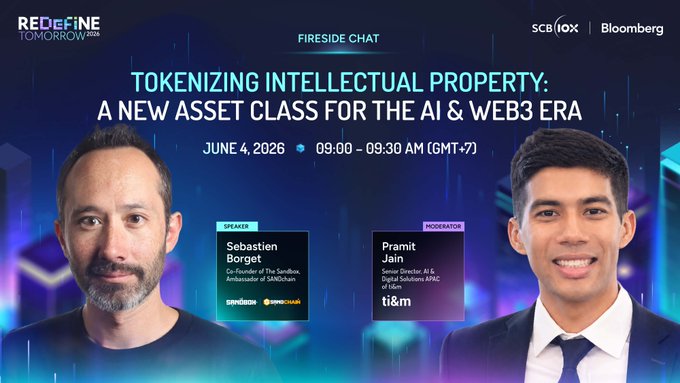 The image features two men standing next to each other, both smiling at the camera. They are positioned against a backdrop with blue and purple colors, which appears to be related to the content of the image. The text displayed on the image reads "Explore the conversations shaping the future of decentralized finance @ REDeFiNETOMORROW2026 Fireside chat: tokenizing intellectual property: A new asset class for the AI & Web3 Era @ borgetsebastien of @TheSandboxGame & @0xSANDchain Pramit Jain of ti&m Register for free". The image also includes a watermark that reads "bloomberg.com".