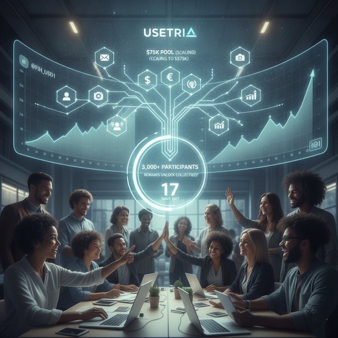 A diverse team celebrates around laptops beneath a glowing holographic dashboard displaying "$75K POOL (SCALING)," "USETRIA," "3,000+ PARTICIPANTS," and "17 DAYS LEFT," visually echoing the post's emphasis on Tria's interconnected reward system and approaching deadline.