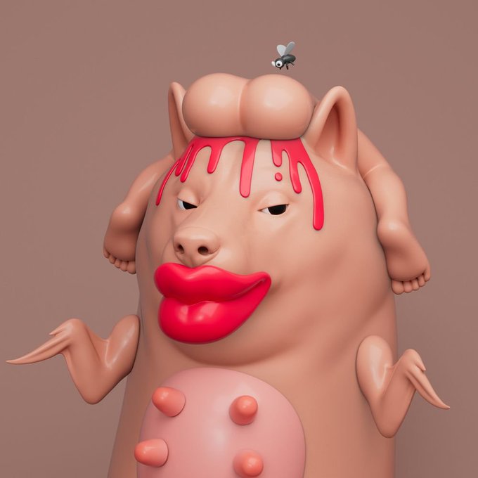 A 3D-rendered cartoon creature with pink lips, exaggerated lips, red liquid dripping from its forehead, and a bee on top, set against a beige background.