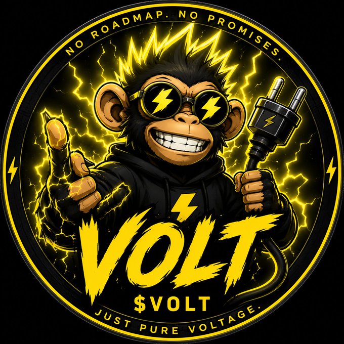 A circular logo for the cryptocurrency $VOLT featuring a cartoon monkey with sunglasses, holding an electrical plug, with text reading 'NO ROADMAP. NO PROMISES.' and 'JUST PURE VOLTAGE.'