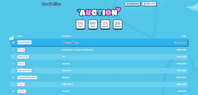 A countdown timer page for "AUCTION" titled "Santa Blue" displays a leaderboard ranking participants by total value, with "Group Project" by Quup Fun in 1st place at $750,000, followed by entries like "Foundation Consumer Healthcare" at $686,000 and "Mixed nuts" by KP at $499,999. The page humorously highlights the absurd name "Group Project" topping the auction, poking fun at Pumpfun's unconventional project naming choices.