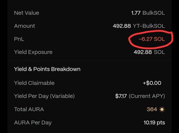 A dark-mode financial interface displays a negative PnL of '-6.27 SOL' circled in red, with other metrics including 'Net Value 1.77 BulkSOL', 'Amount 492.88 YT-BulkSOL', and 'Total AURA 364'.
