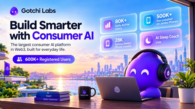 A promotional banner for 'Gotchi Labs' advertising itself as the largest consumer AI platform in Web3, highlighting stats like '80K+ Daily Active Users', '500K+ Pre-installed on Jambo Phones', '28K Solana Seeker Phone installs', 'AI Sleep Coach Live', and '600K+ Registered Users'.