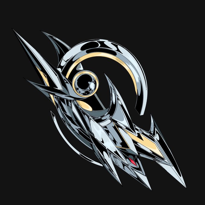 An abstract digital illustration featuring sharp, metallic silver and gold shapes resembling a futuristic mechanical design or emblem against a black background.