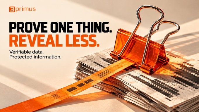 An advertisement with the "primus" logo reads "PROVE ONE THING. REVEAL LESS. Verifiable data. Protected information." alongside an orange binder clip on documents.