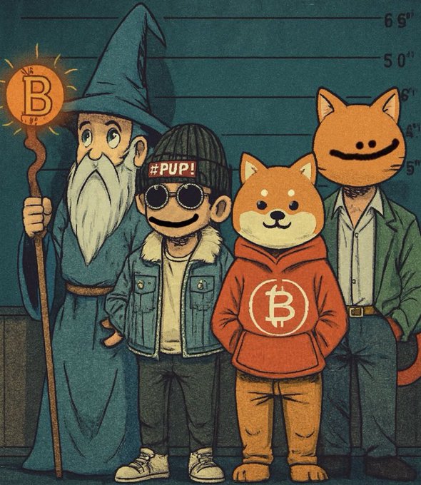 A cartoonish illustration of four characters in a police lineup, including a wizard with a Bitcoin staff, a person wearing a '#PUP!' beanie and sunglasses, a dog-headed figure in a Bitcoin hoodie, and another dog-headed person.