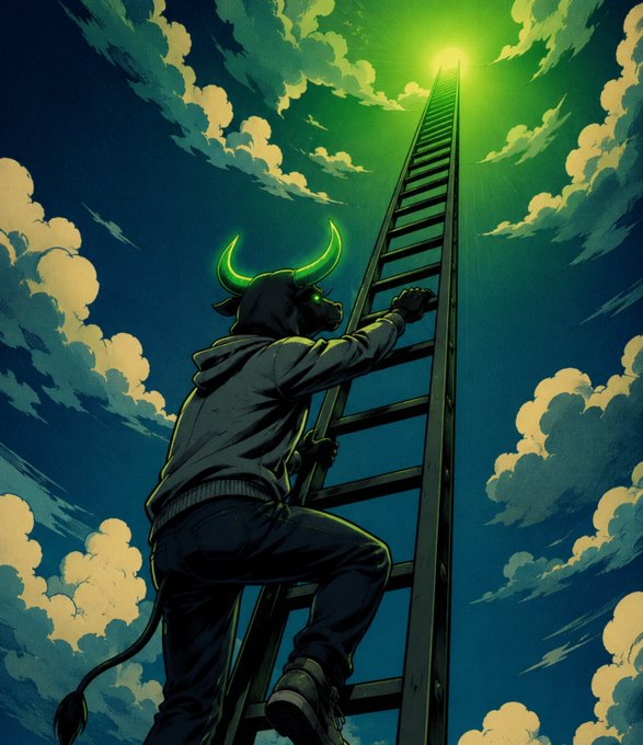 A digital illustration of a humanoid bull with glowing green horns climbing a tall ladder toward a bright green light in a cloudy night sky.