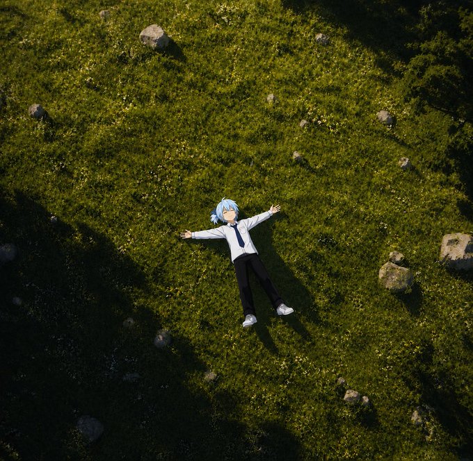 An anime-style character with blue hair and a white shirt lies spread-eagle on a grassy field dotted with small rocks, casting a long shadow in the warm light.