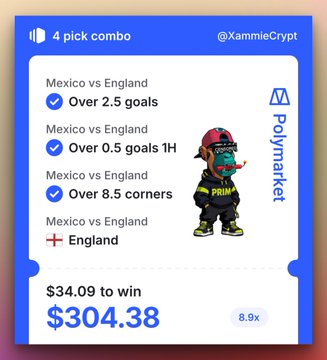 The image shows a Polymarket 4-pick combo slip for the Mexico vs England match posted by @XannieCrypt, featuring wagers on Over 2.5 goals, Over 0.5 goals 1H, Over 8.5 corners, and England to win, with a potential payout of $304.38 from a $34.09 bet at 8.9x odds. The cartoon bear mascot and combo betting format reflect the post's theme of sharing betting picks for the World Cup matchups with the Polymarket community.
