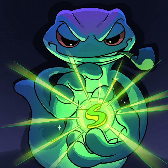A digital illustration of a menacing blue and purple snake-like creature holding a glowing green coin with an 'S' symbol.