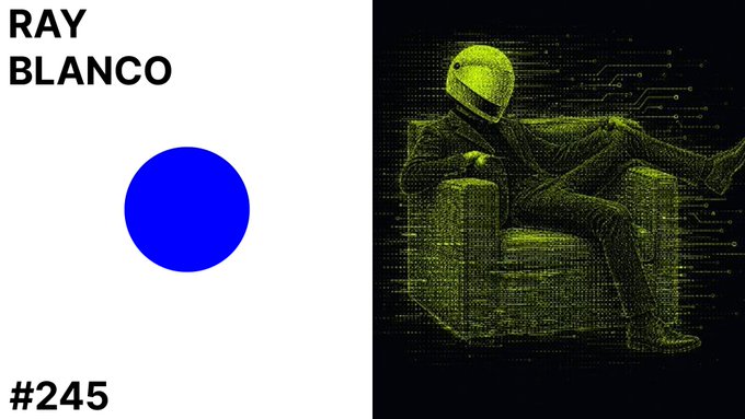 Artwork titled 'RAY BLANCO #245' depicting a figure in a suit and helmet rendered in green digital matrix-style pixels.
