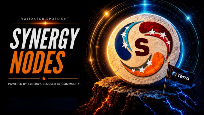 A promotional "Validator Spotlight" graphic featuring a large coin with an "S" logo and stars mounted on a rocky platform with flowing lava, alongside a small Terra flag. The text reads "SYNERGY NODES — POWERED BY SYNERGY, SECURED BY COMMUNITY," highlighting Synergy Nodes as a fellow validator supporting the Terra network.