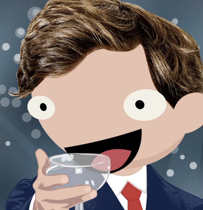 A cartoon illustration of a stylized figure with brown hair, a wide smile, and large eyes holding up a glass of water against a sparkling blue background.