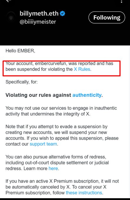 A screenshot of an X (Twitter) notification from 'billymeth.eth' stating that the account 'embercurvefun' was suspended for violating rules against authenticity, with the suspension message highlighted in red.
