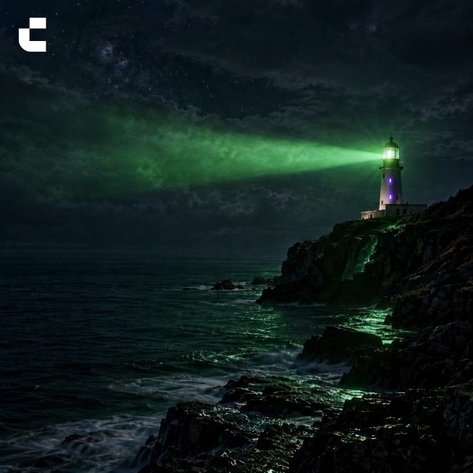 A dramatic nighttime scene of a lighthouse on a rocky cliff emitting a green beam of light, with starry skies and ocean waves below; the 'C' Crunchyroll logo appears in the corner.