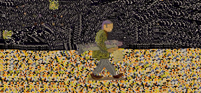 A pixelated or pointillist-style artwork depicts a person in a green jacket walking across a field of orange and yellow flowers, with fireworks and city silhouettes in the dark background.
